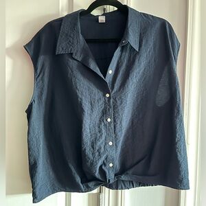Denim-like Collared Button Up Sleeveless Top with Tucked Front Detail